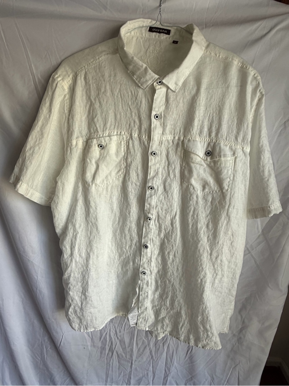 Mens Linen Shirt Ivory Large  100% Linen Short Sleeve  Off White Olly Gan
